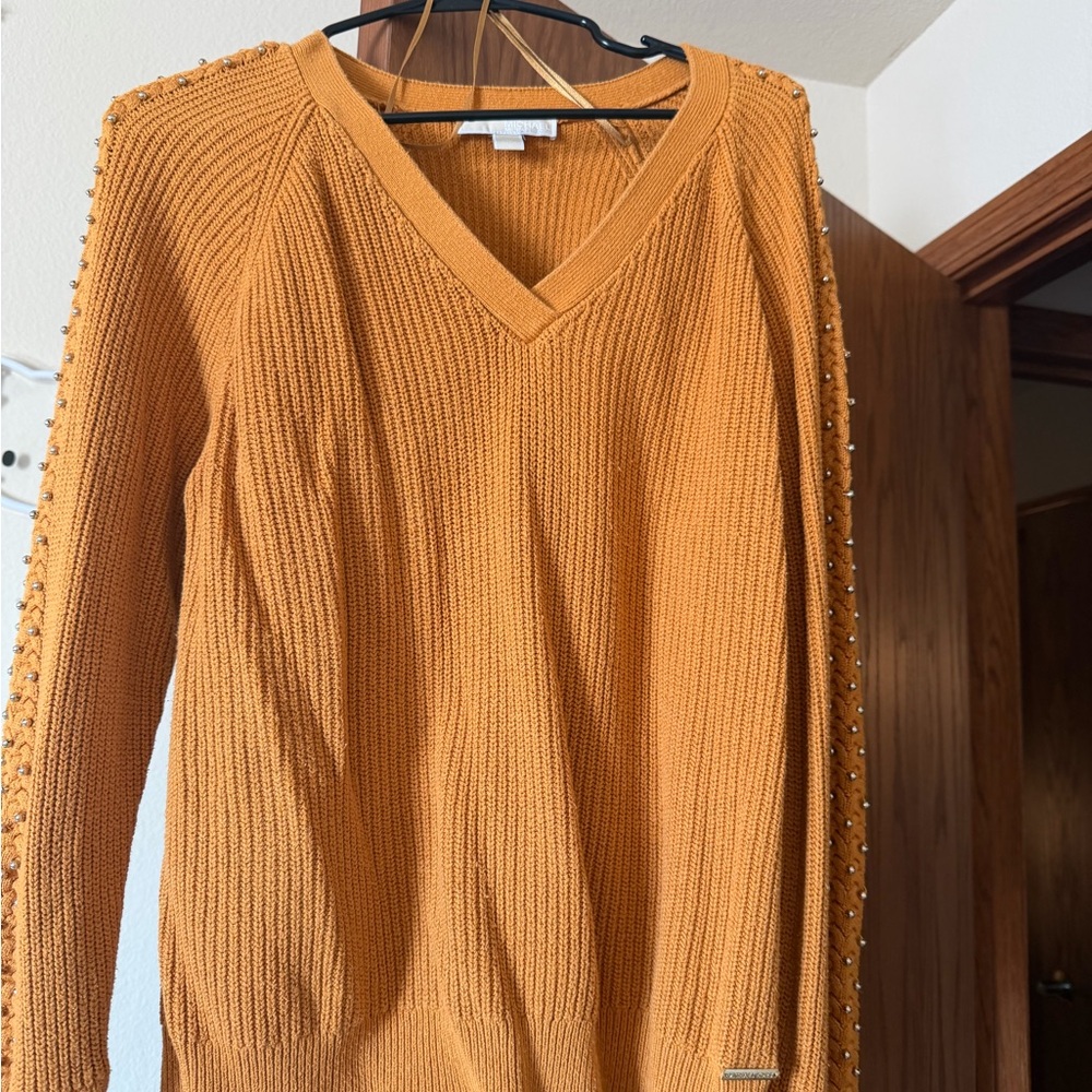 Michael Kors Mustard V-Neck Sweater with Studded Sleeves